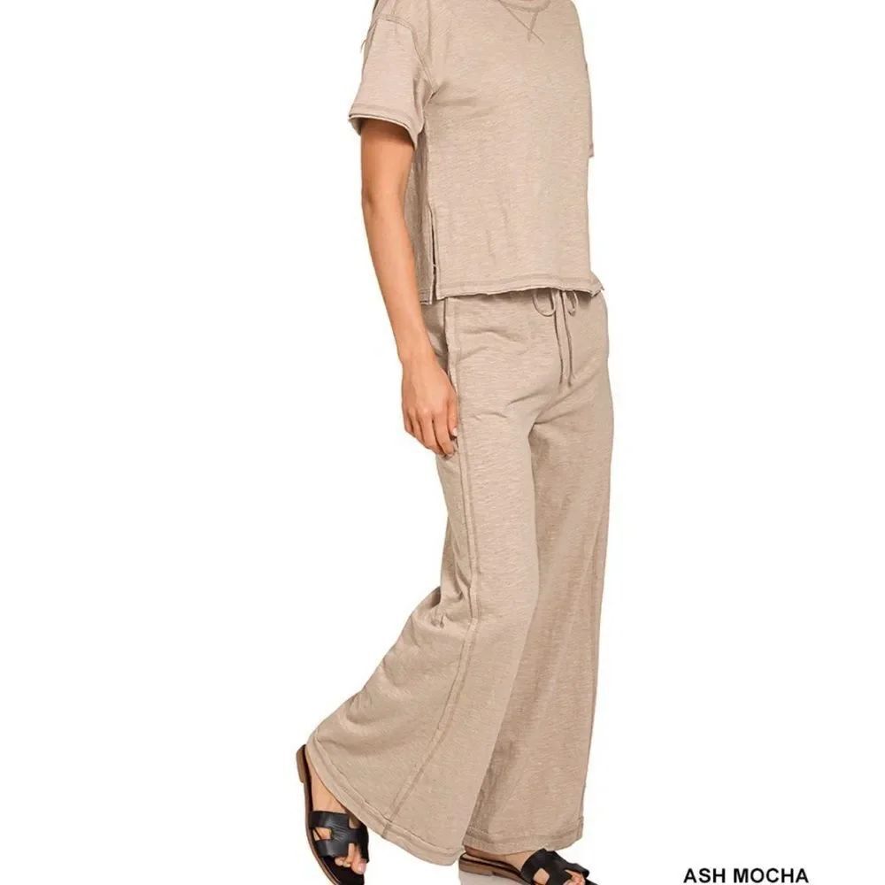 #CSTP-3478 COTTON SLUB SHORT SLV TEE & PANTS SET Ash Mocha